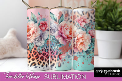 Leopard Print Flower Tumbler PNG - Floral Tumbler Wrap Sublimation OrangeBrushStudio 