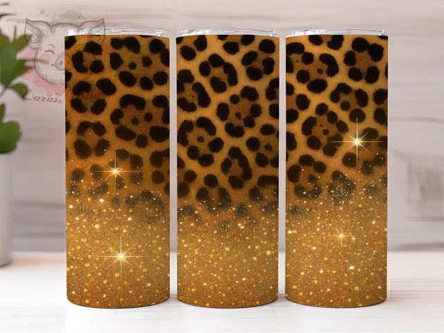 Leopard Print Gold Glitter Wild Style Tumbler, Gold Glitter Tumbler, Tan Animal Print PNG, Seamless Leopard Design, 20oz Glam Wrap, Cheetah Glitter Tumbler, Wild Style Sublimation Sublimation Lara' s Designs 