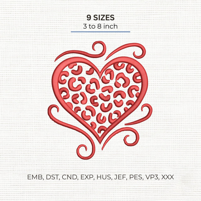 Leopard Print Heart Embroidery Design – Red Animal Print Valentine Heart Swirl Machine Embroidery File Embroidery/Applique DESIGNS PatternFeed8 