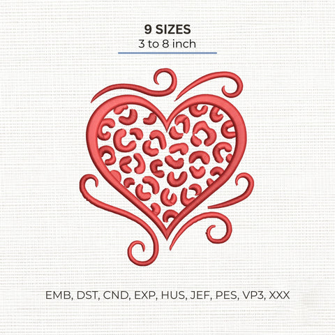 Leopard Print Heart Embroidery Design – Red Animal Print Valentine Heart Swirl Machine Embroidery File Embroidery/Applique DESIGNS PatternFeed8 