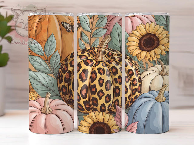 Leopard Print Pumpkin Fall Tumbler, Fall Animal Print Cup, 20Oz Sublimation, Autumn Coffee Wrap, Rustic Chic Drinkware, Harvest Tumbler Design, Cozy Pattern Cup Print Sublimation Lara' s Designs 