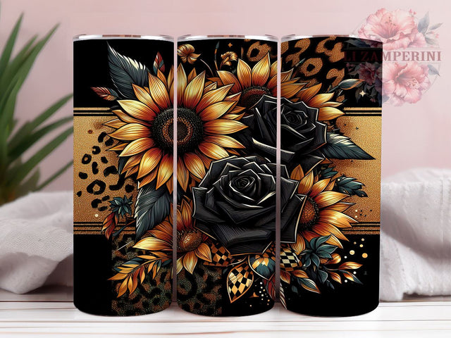 Leopard Print Sunflower Tumbler, Black Sunflower PNG, Floral Drinkware, Leopard Floral Design, Boho Tumbler Wrap, Rustic Sunflower Gift, Sublimation Tumbler Design Sublimation Li Zamperini 