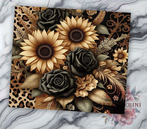 Leopard Print Sunflower Tumbler, Black Sunflower PNG, Floral Drinkware, Leopard Floral Design, Boho Tumbler Wrap, Rustic Sunflower Gift, Sublimation Tumbler Design Sublimation Li Zamperini 