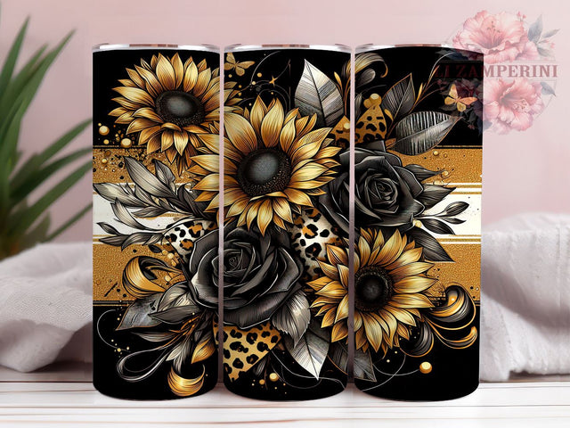 Leopard Print Sunflower Tumbler, Black Sunflower PNG, Floral Drinkware, Leopard Floral Design, Boho Tumbler Wrap, Rustic Sunflower Gift, Sublimation Tumbler Design Sublimation Li Zamperini 
