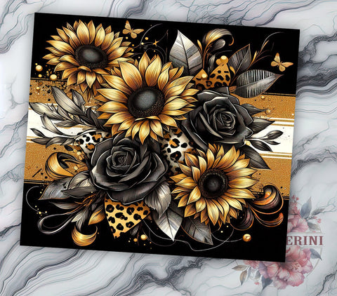 Leopard Print Sunflower Tumbler, Black Sunflower PNG, Floral Drinkware, Leopard Floral Design, Boho Tumbler Wrap, Rustic Sunflower Gift, Sublimation Tumbler Design Sublimation Li Zamperini 