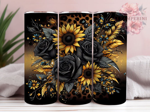 Leopard Print Sunflower Tumbler, Black Sunflower PNG, Floral Drinkware, Leopard Floral Design, Boho Tumbler Wrap, Rustic Sunflower Gift, Sublimation Tumbler Design Sublimation Li Zamperini 