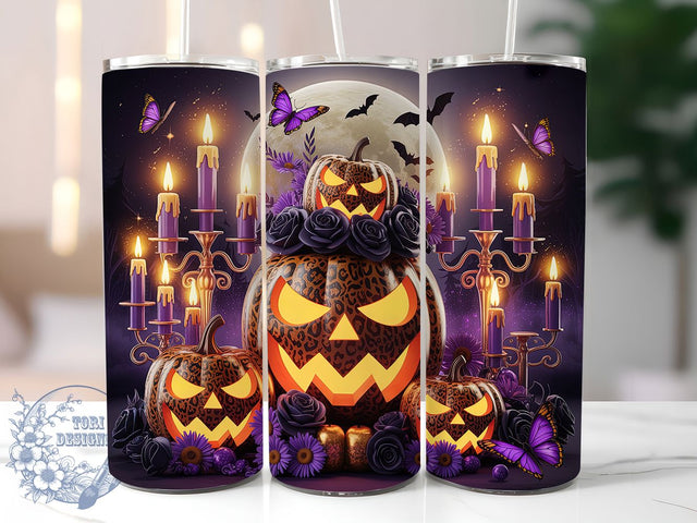 Leopard Pumpkin Fall Tumbler Wrap, Pumpkin Tumbler Wrap, Purple Candle Design, Fall Sublimation Wrap, Halloween Tumbler Design, 20Oz Skinny Tumbler, Autumn Drinkware Wrap Sublimation ToriDesigns 