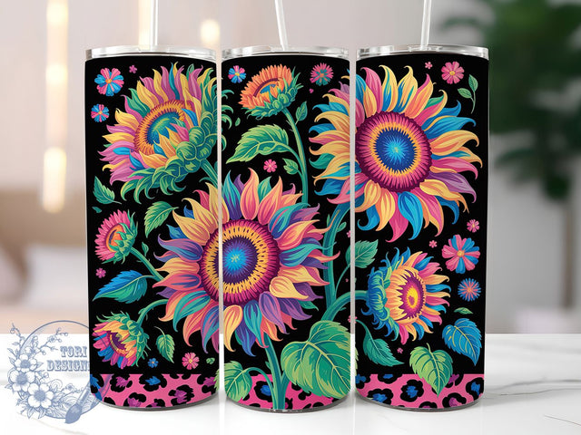 Leopard Rainbow Sunflower Tumbler, Leopard Print Tumbler, Colorful Floral Wrap, Exotic Sunflower Wrap, Bold Leopard Wrap, Sublimation Design, Trendy Gift Idea Sublimation ToriDesigns 