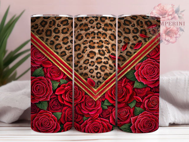 Leopard Red Rose Gold Trim 20oz Tumbler, Leopard Print, Red Rose Motif, Gold Trim Accent, Sublimation Wrap, 20oz Tumbler, Glam Style, Bold Charm Sublimation Li Zamperini 