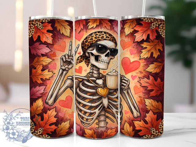 Leopard Skeleton Autumn 20oz Tumbler, Leopard Print, Skeleton Motif, Autumn Theme, Glow Effect, Rustic Charm, Skinny Tumbler, Sublimation PNG Sublimation ToriDesigns 