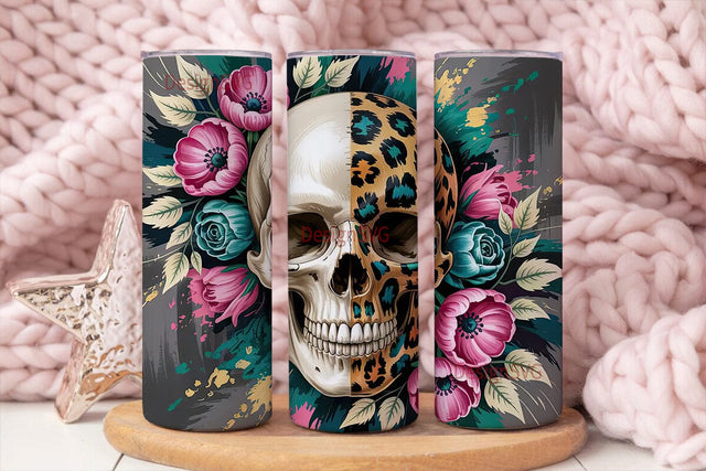 Leopard Skull & Floral 20oz Tumbler Wrap Sublimation DesignSVG 