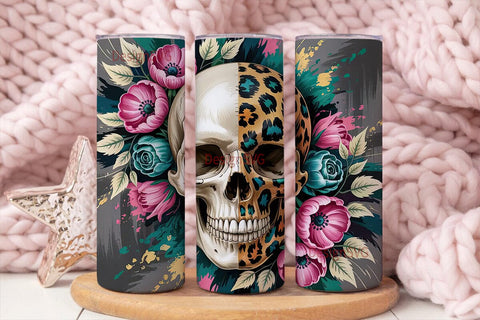 Leopard Skull & Floral 20oz Tumbler Wrap Sublimation DesignSVG 