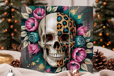 Leopard Skull & Floral 20oz Tumbler Wrap Sublimation DesignSVG 