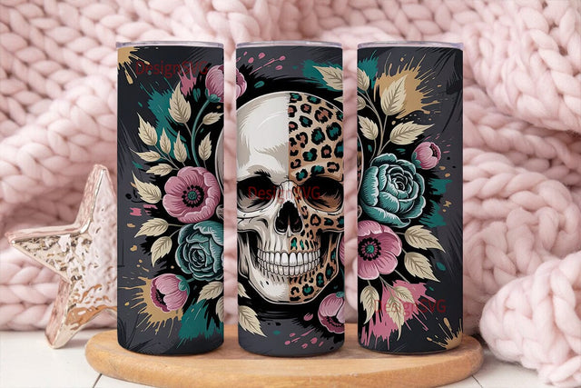 Leopard Skull & Floral 20oz Tumbler Wrap Sublimation DesignSVG 