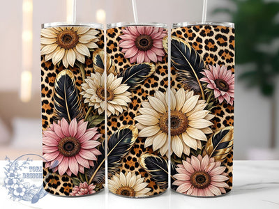 Leopard Sunflower Feather 20oz Tumbler, Leopard Print, Sunflower Motif, Feather Design, Rustic Charm, Western Style, 20oz Wrap, Sublimation Tumbler Sublimation ToriDesigns 