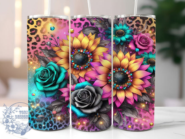 Leopard Sunflower Glitter 20oz Tumbler, Glitter Tumbler Wrap, 20oz Sublimation Tumbler, Boho Sunflower Design, Animal Print Tumbler, Rustic Floral Tumbler, Sparkly Sunflower Tumbler Sublimation ToriDesigns 