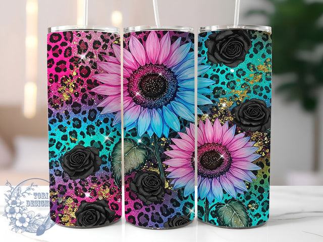 Leopard Sunflower Glitter 20oz Tumbler, Glitter Tumbler Wrap, 20oz Sublimation Tumbler, Boho Sunflower Design, Animal Print Tumbler, Rustic Floral Tumbler, Sparkly Sunflower Tumbler Sublimation ToriDesigns 