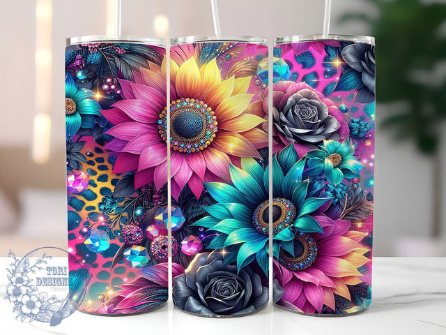 Leopard Sunflower Glitter 20oz Tumbler, Glitter Tumbler Wrap, 20oz Sublimation Tumbler, Boho Sunflower Design, Animal Print Tumbler, Rustic Floral Tumbler, Sparkly Sunflower Tumbler Sublimation ToriDesigns 
