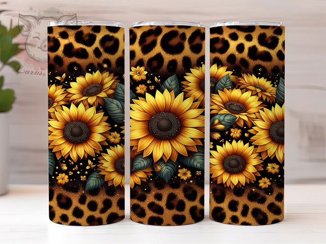 Leopard Sunflower Gold 20oz Boho Glam Tumbler, Sunflower Print Tumbler, 20oz Sublimation Wrap, Boho Leopard Tumbler, Glam Aesthetic Tumbler, Fall Sunflower Gift Sublimation Lara' s Designs 