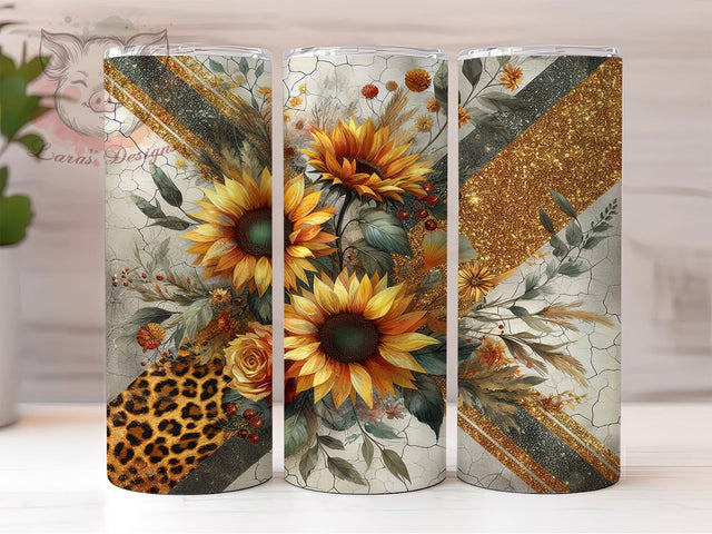 Leopard Sunflower Rustic Glitter Tumbler, Leopard Print Tumbler, Sunflower Tumbler Wrap, Glitter Tumbler Design, Cracked Wood Tumbler, Animal Print Tumbler PNG Sublimation Lara' s Designs 