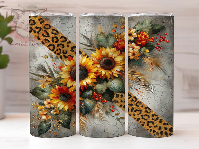 Leopard Sunflower Rustic Glitter Tumbler, Leopard Print Tumbler, Sunflower Tumbler Wrap, Glitter Tumbler Design, Cracked Wood Tumbler, Animal Print Tumbler PNG Sublimation Lara' s Designs 