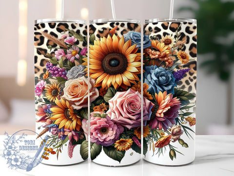Leopard Sunflowers 20oz Skinny Tumbler, Sunflowers Tumbler Png, Straight & Tapered Tumbler Wrap, Instant Digital Download Sublimation ToriDesigns 