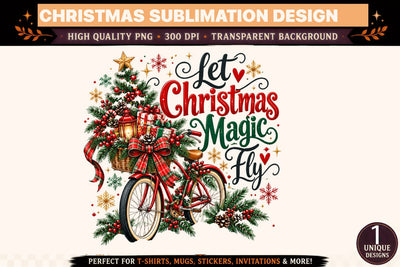 Let Christmas Magic Fly PNG, Christmas Bicycle Sublimation Design, Vintage Holiday Bike with Evergreen and Festive Bows Sublimation BlackCatsMedia 