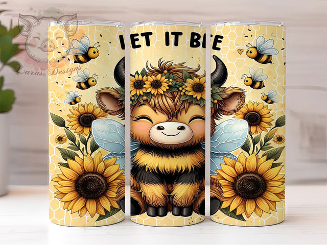 Let It Bee Highland Cow Floral Farm Tumbler, Highland Cow With Flowers, Bee And Cow PNG, 20oz Sublimation Wrap, Cute Farm Animal Tumbler, Floral Cow Cup Design, Country Cow Tumbler Sublimation Lara' s Designs 