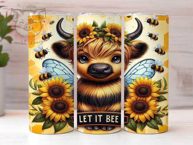 Let It Bee Highland Cow Floral Farm Tumbler, Highland Cow With Flowers, Bee And Cow PNG, 20oz Sublimation Wrap, Cute Farm Animal Tumbler, Floral Cow Cup Design, Country Cow Tumbler Sublimation Lara' s Designs 