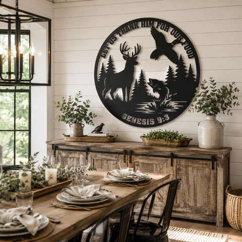 Let Us Thank Him For Our Food Laser SVG | Deer Duck Fish Wildlife Scene DXF | Genesis 9:3 Hunting Plasma CNC Laser Cut File SVG HappyDesignStudio 