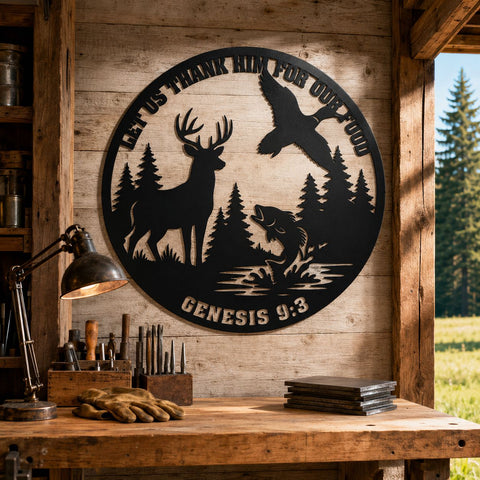 Let Us Thank Him For Our Food Laser SVG | Deer Duck Fish Wildlife Scene DXF | Genesis 9:3 Hunting Plasma CNC Laser Cut File SVG HappyDesignStudio 