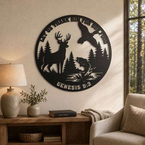 Let Us Thank Him For Our Food Laser SVG | Deer Duck Fish Wildlife Scene DXF | Genesis 9:3 Hunting Plasma CNC Laser Cut File SVG HappyDesignStudio 
