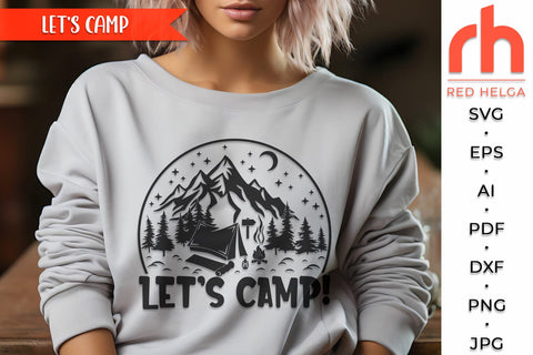 Let's Camp SVG, Mountain Landscape Cut File, Camper Shirt, Outdoor Theme, Forest Design DXF, Woodland Scene SVG RedHelgaArt 
