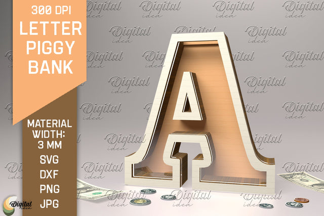 Letter Piggy Bank Laser Cut. Glass Money Box SVG. Letter A SVG Evgenyia Guschina 