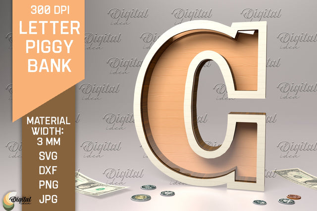 Letter Piggy Bank Laser Cut. Glass Money Box SVG. Letter C SVG Evgenyia Guschina 