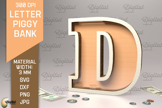 Letter Piggy Bank Laser Cut. Glass Money Box SVG. Letter D SVG Evgenyia Guschina 