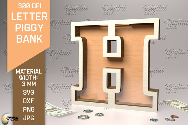 Letter Piggy Bank Laser Cut. Glass Money Box SVG. Letter H SVG Evgenyia Guschina 