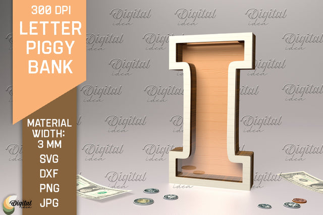 Letter Piggy Bank Laser Cut. Glass Money Box SVG. Letter I SVG Evgenyia Guschina 