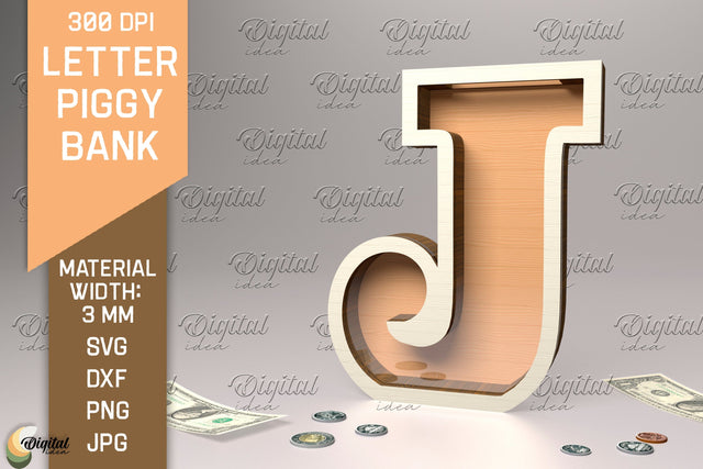 Letter Piggy Bank Laser Cut. Glass Money Box SVG. Letter J SVG Evgenyia Guschina 