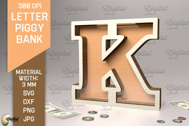 Letter Piggy Bank Laser Cut. Glass Money Box SVG. Letter K SVG Evgenyia Guschina 