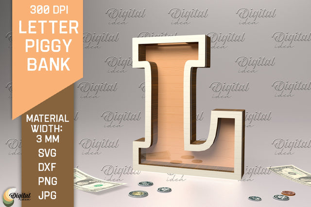 Letter Piggy Bank Laser Cut. Glass Money Box SVG. Letter L SVG Evgenyia Guschina 