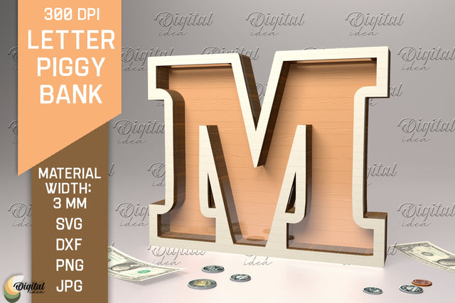 Letter Piggy Bank Laser Cut. Glass Money Box SVG. Letter M SVG Evgenyia Guschina 