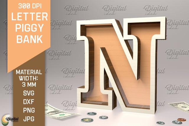 Letter Piggy Bank Laser Cut. Glass Money Box SVG. Letter N SVG Evgenyia Guschina 