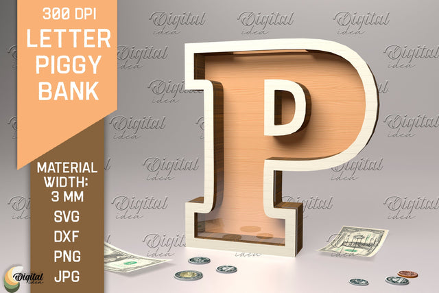 Letter Piggy Bank Laser Cut. Glass Money Box SVG. Letter P SVG Evgenyia Guschina 