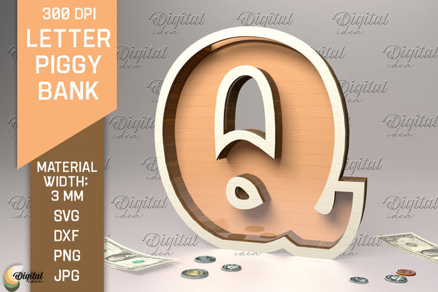 Letter Piggy Bank Laser Cut. Glass Money Box SVG. Letter Q SVG Evgenyia Guschina 