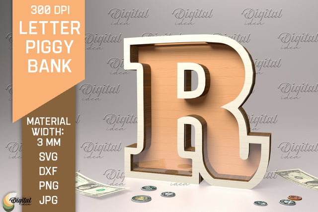 Letter Piggy Bank Laser Cut. Glass Money Box SVG. Letter R SVG Evgenyia Guschina 