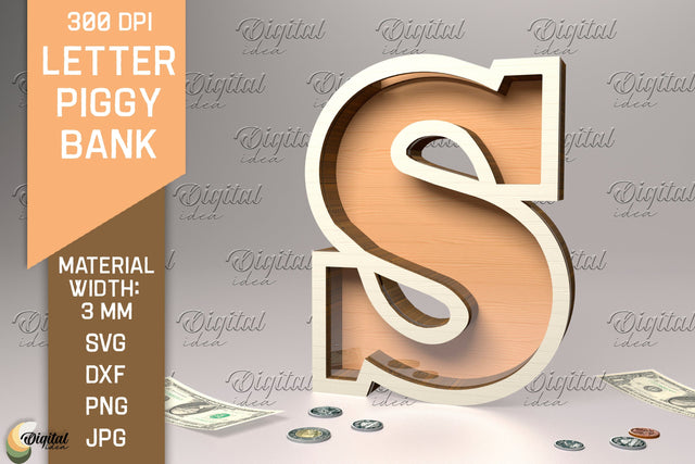 Letter Piggy Bank Laser Cut. Glass Money Box SVG. Letter S SVG Evgenyia Guschina 