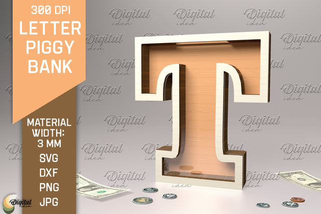 Letter Piggy Bank Laser Cut. Glass Money Box SVG. Letter T SVG Evgenyia Guschina 