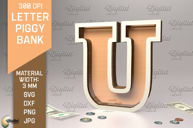 Letter Piggy Bank Laser Cut. Glass Money Box SVG. Letter U SVG Evgenyia Guschina 