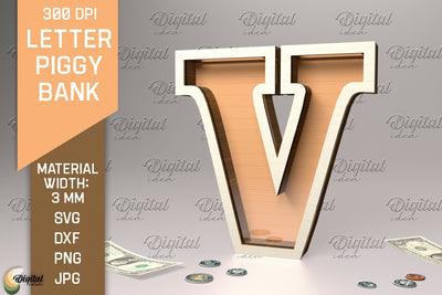 Letter Piggy Bank Laser Cut. Glass Money Box SVG. Letter V SVG Evgenyia Guschina 
